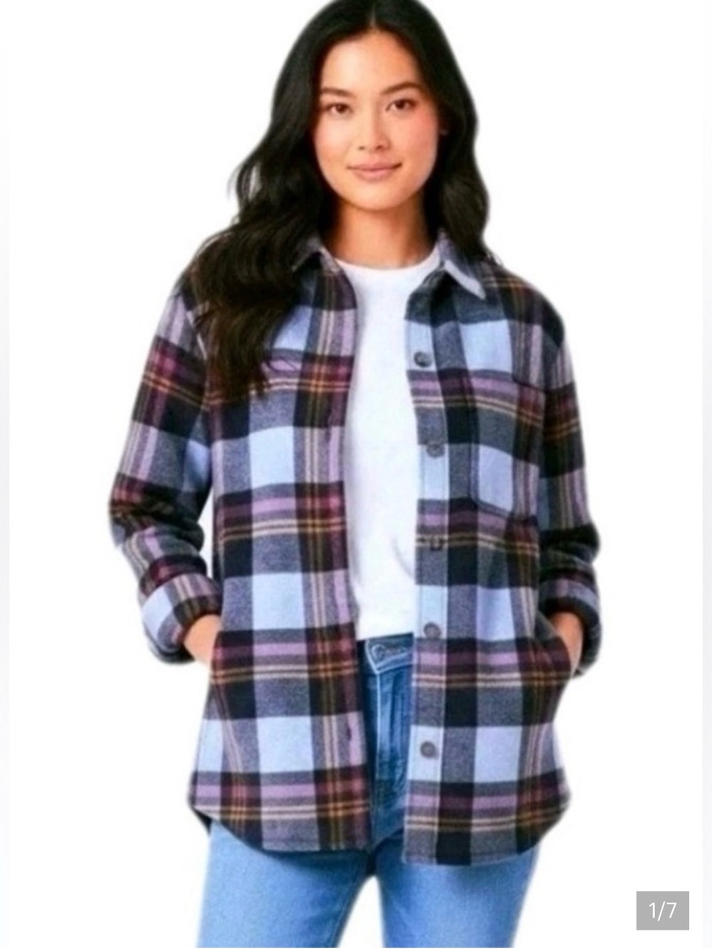 Eddie Bauer Button-Front Shacket - Lavender Plaid